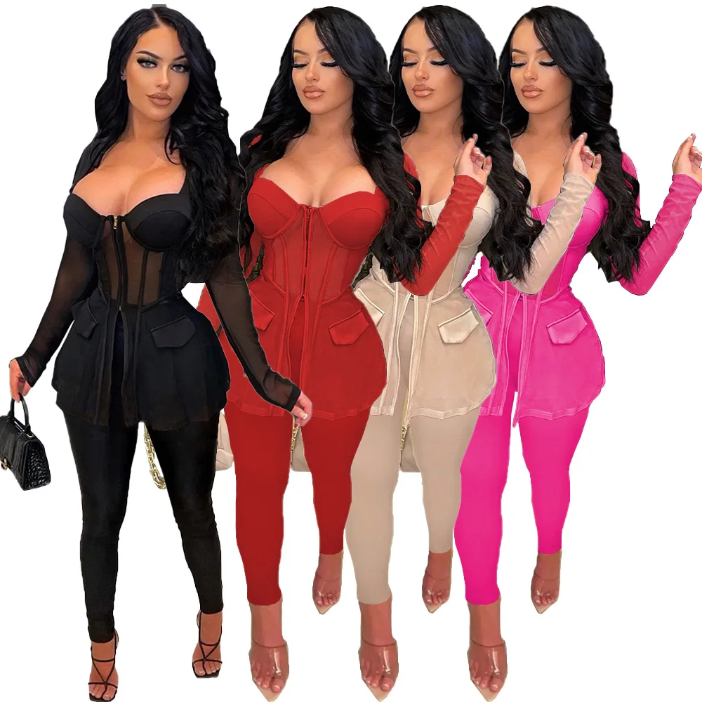 W3350 Women Two Piece Set Mesh Patchwork Outfit Long Sleeve Zipper Corset Blazer Suit Top Pencil Pants Sexy Office Lady Suit