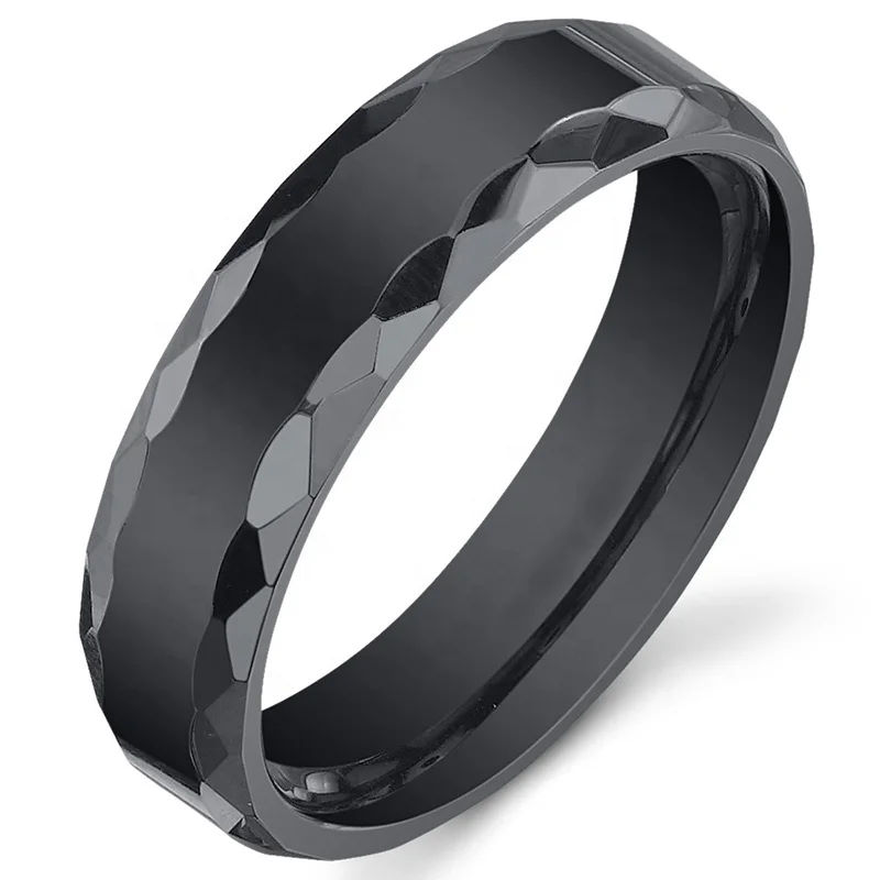 
6mm Comfort Fit Special Black Ceramic Wedding Ring Band for Men and Women, Designer Faceted Edge 