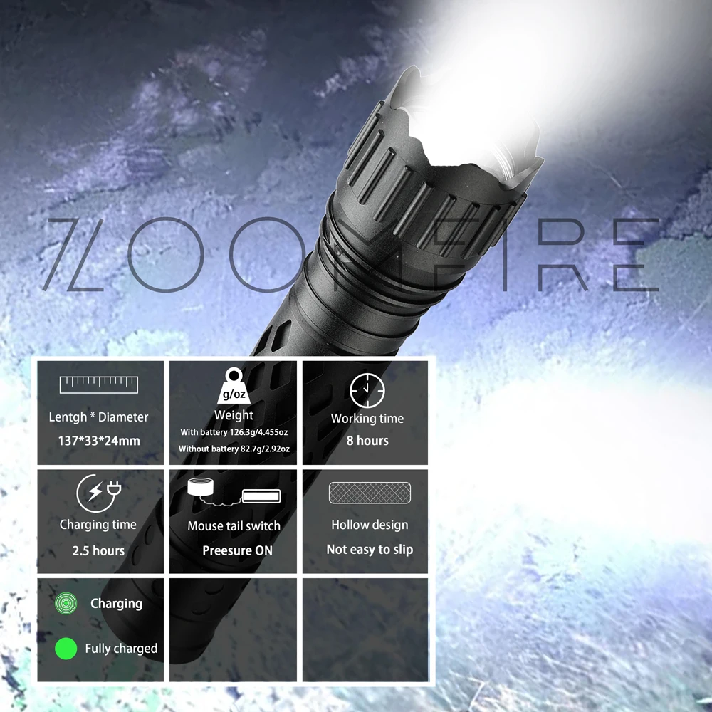 ZOOMFIRE ZF-001 LED Tactical Flashlight 1000m Long Range USB Rechargeable Flashlight Hunting Strong Light Torch Flashlight