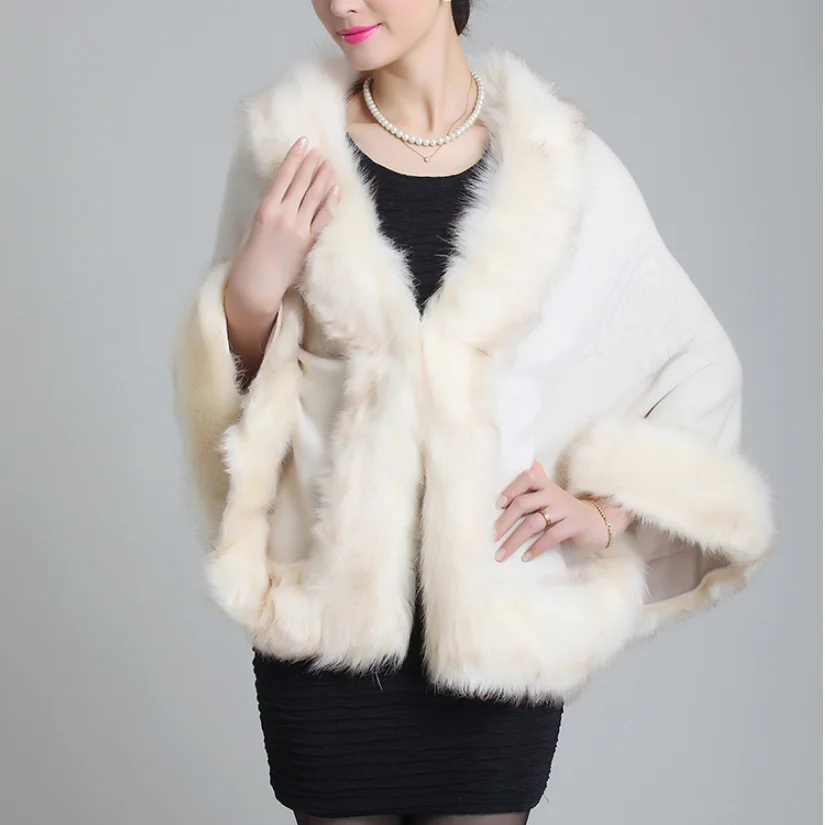 Модное женское пальто из искусственного меха на осень и зиму кожаное пончо с воротником лисьего накидки Женская шаль накидка шерстяное меховое