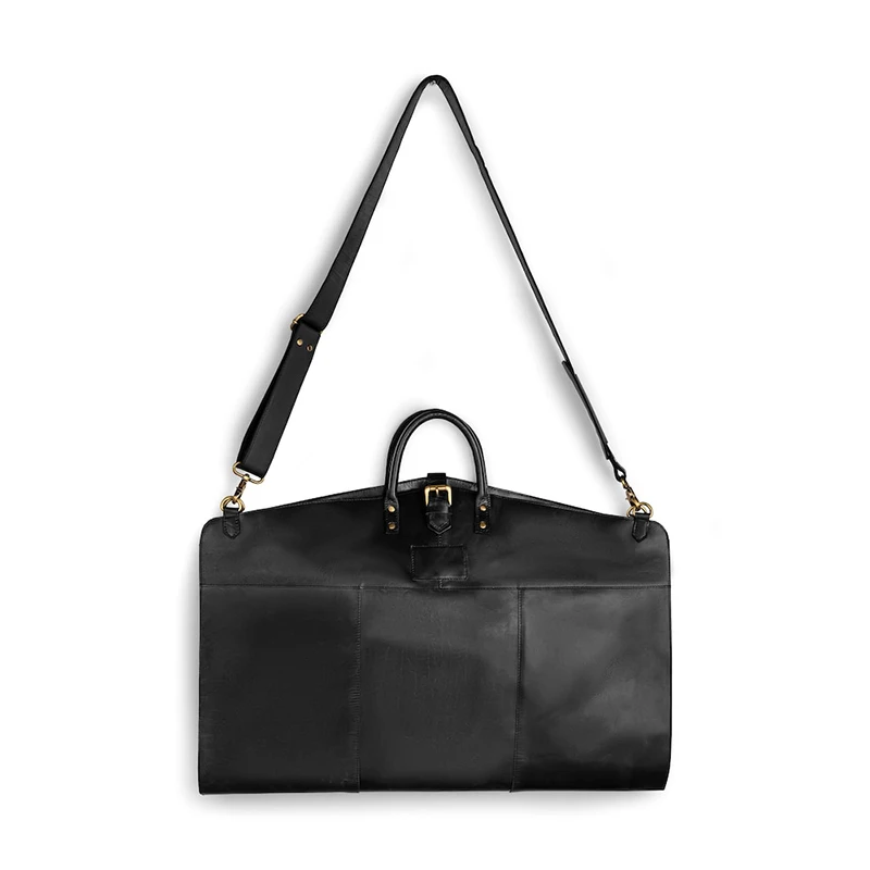 Personalized Black Leather Suit Carrier Foldable Garment Bag for Business Travel Large Garment Bags with Strap for Business