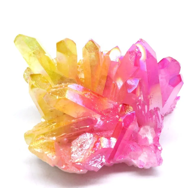 Healing Rose Pink Yellow Titanium Aura Electroplated Quartz Cluster Colourful Crystal Geodes For Decoration