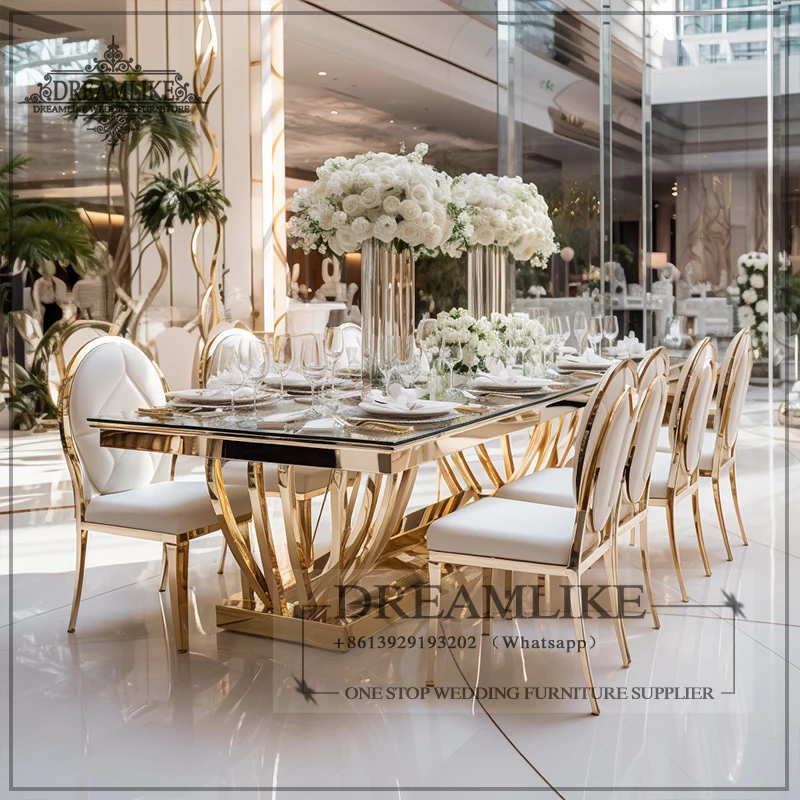 modern elegant style gold wedding dining table and chairs with stainless steel material for wedding furniture