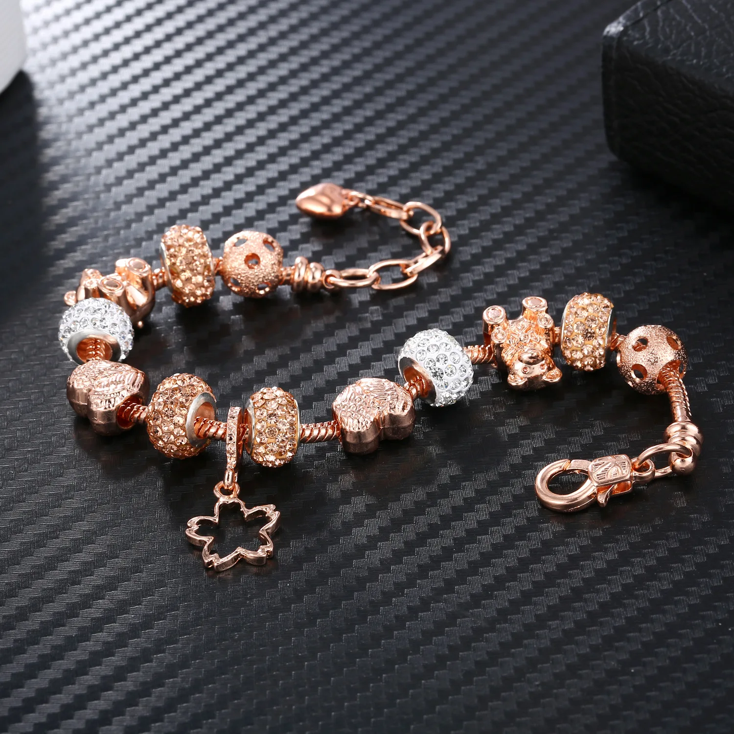 Classic Pink Crystal Flower Charm DIY Bracelets for Women Girl Rose Gold Color Adjustable Lobster Bead pan Bracelet Fashion Gift