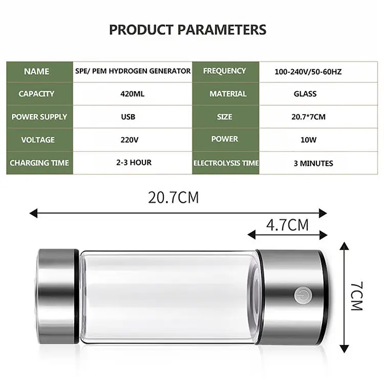 2024 Best Selling  Portable 420ml Rechargeable Hydrogen-rich Glass Hydrogen Ionizer Generator Water Bottle For Novelty Gifts