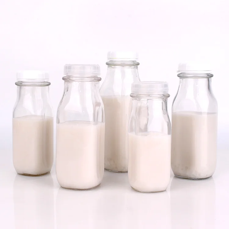Stocked 8oz 12oz 16oz 32oz clear square fresh milk glass bottle glass beverage bottle with plastic lid