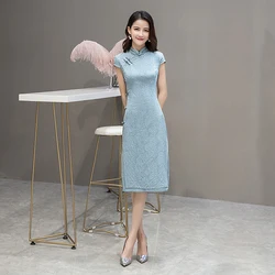 Платье-Ципао в китайском стиле, Элегантный Приталенный Сарафан до колен, с коротким рукавом, хлопковое вечернее, для женщин
