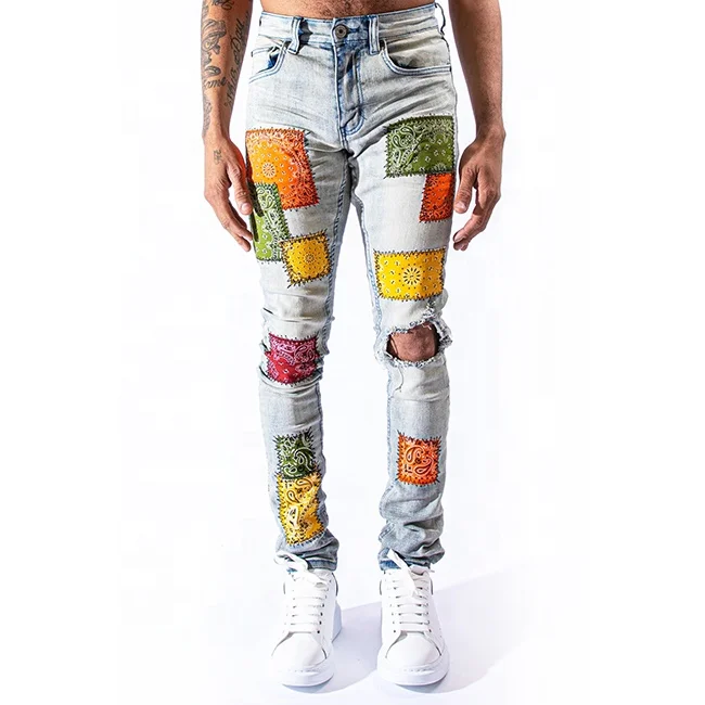 
OEM latest design fog mens jeans patch plants manufacturing mens hip hop jeans 