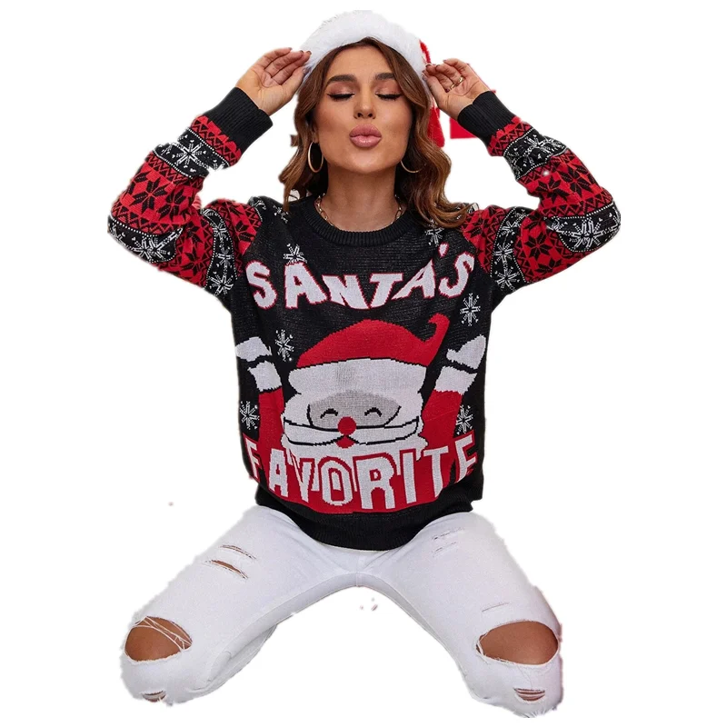 2021 design models Christmas Pattern Round Neck Letter Sweater for women