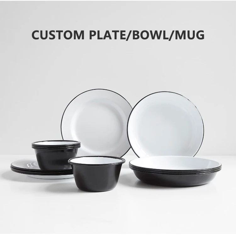 Wholesale Custom logo 9 Inch modern round Fruit plates sets dinnerware enamel camping plate for outdoor picnic