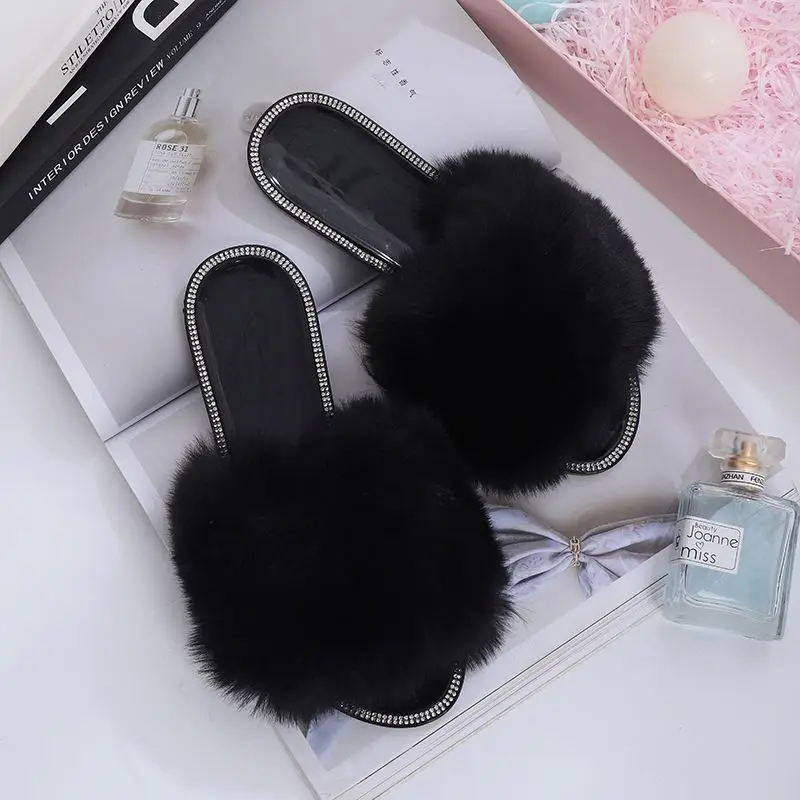Custom Furry Rabbit Fur Foam House Soft Comfy Flat Fluffy Fur Slide Sandals Slippers for Women