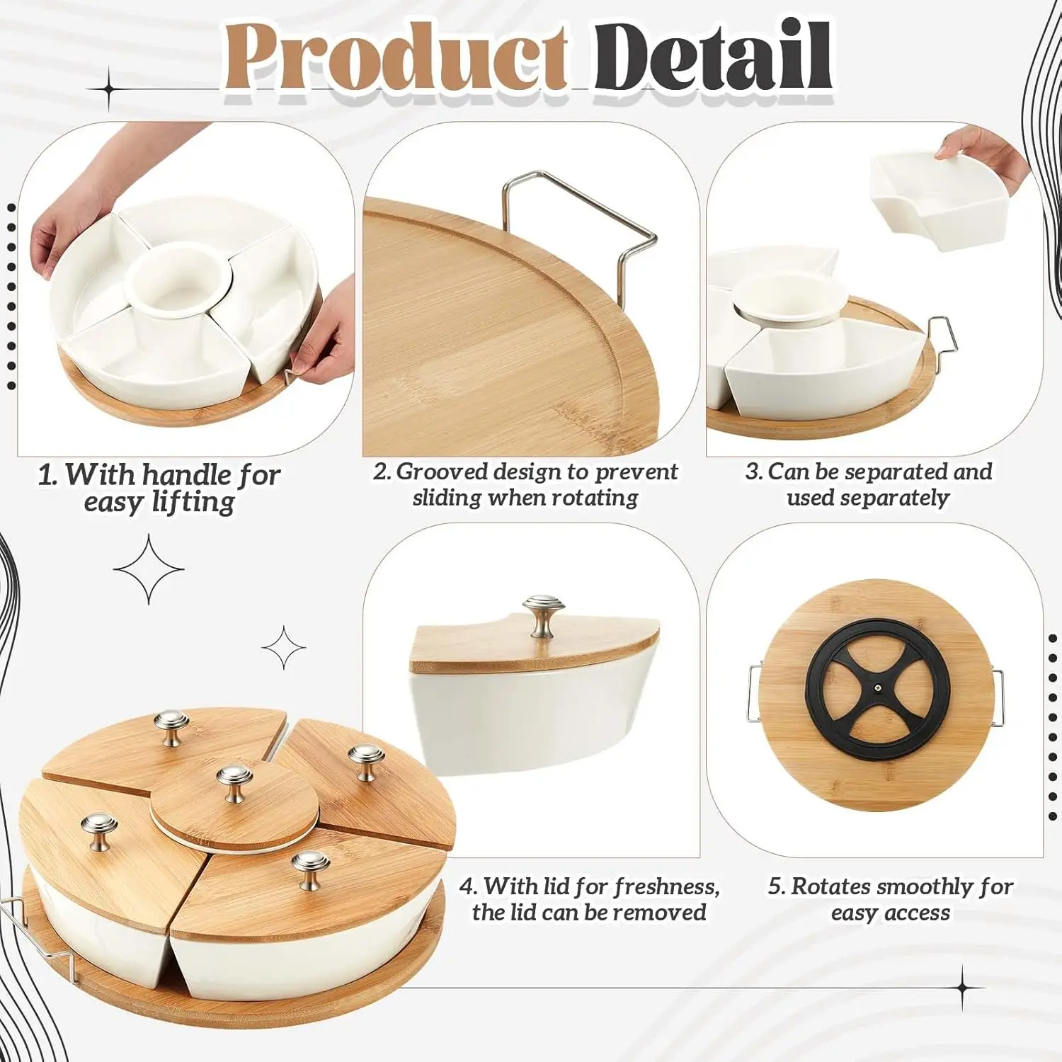 Wholesale Luxury Rotating Chip and Dip Divided Dishes 5 Removable Compartment Ceramic Set Lazy Susan Serving Tray