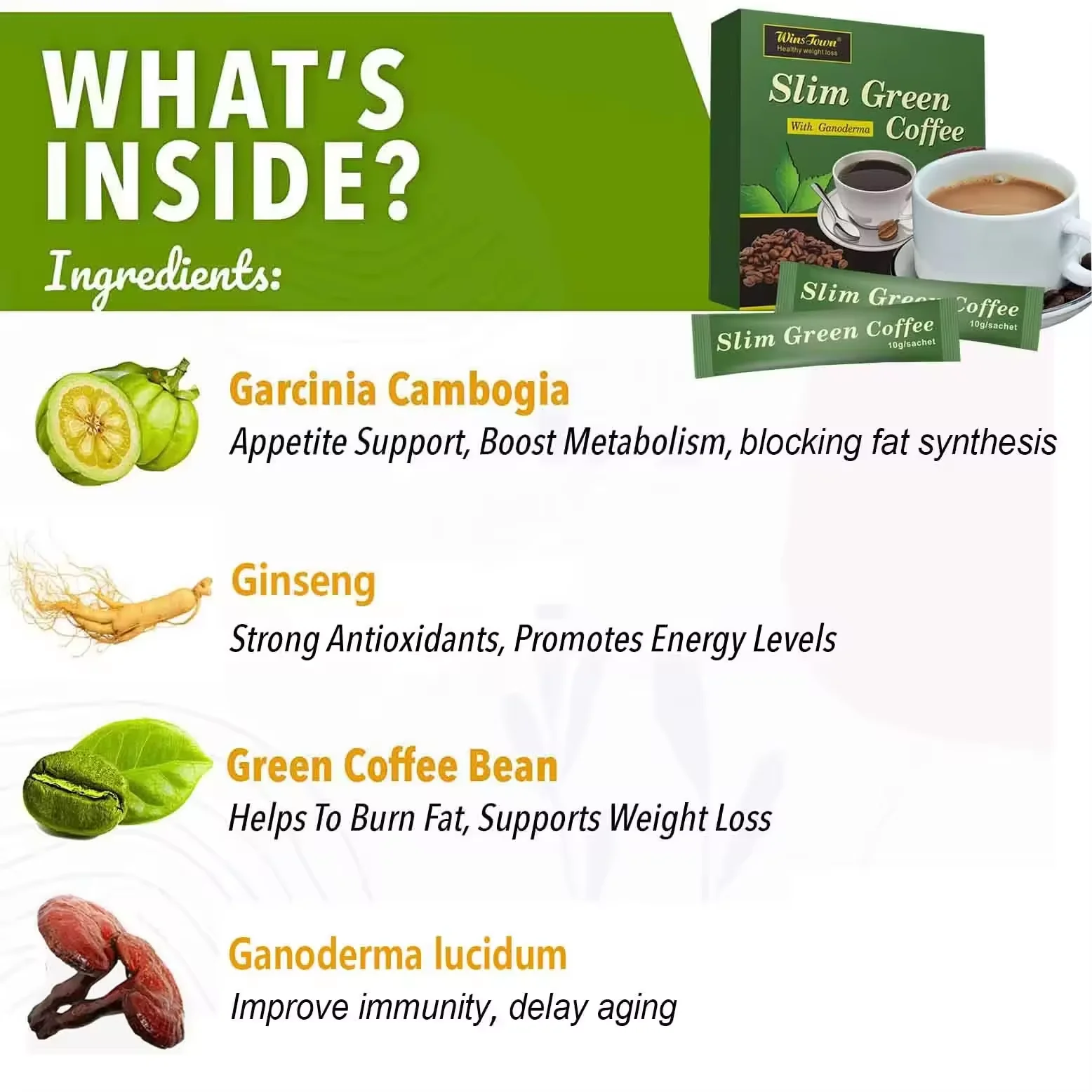 Wholesale Private Label Slim Green Coffee with Ganoderma Natural Slimming Instant Weight Loss Coffee