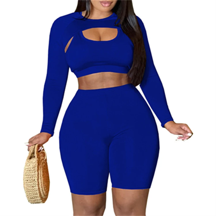 Fall 2024 women clothes Wholesale solid sports vest long sleeve and shorts three-piece women sets
