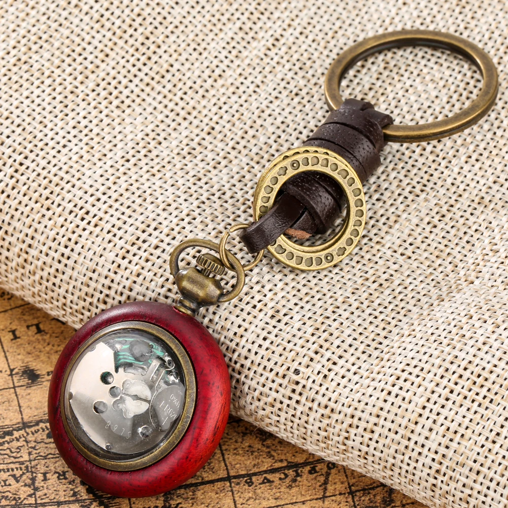 Antique Leather Chain Clock Red Wood Case Reloj De Bolsillo Old Fashion Mini Pendant Pocket Watch