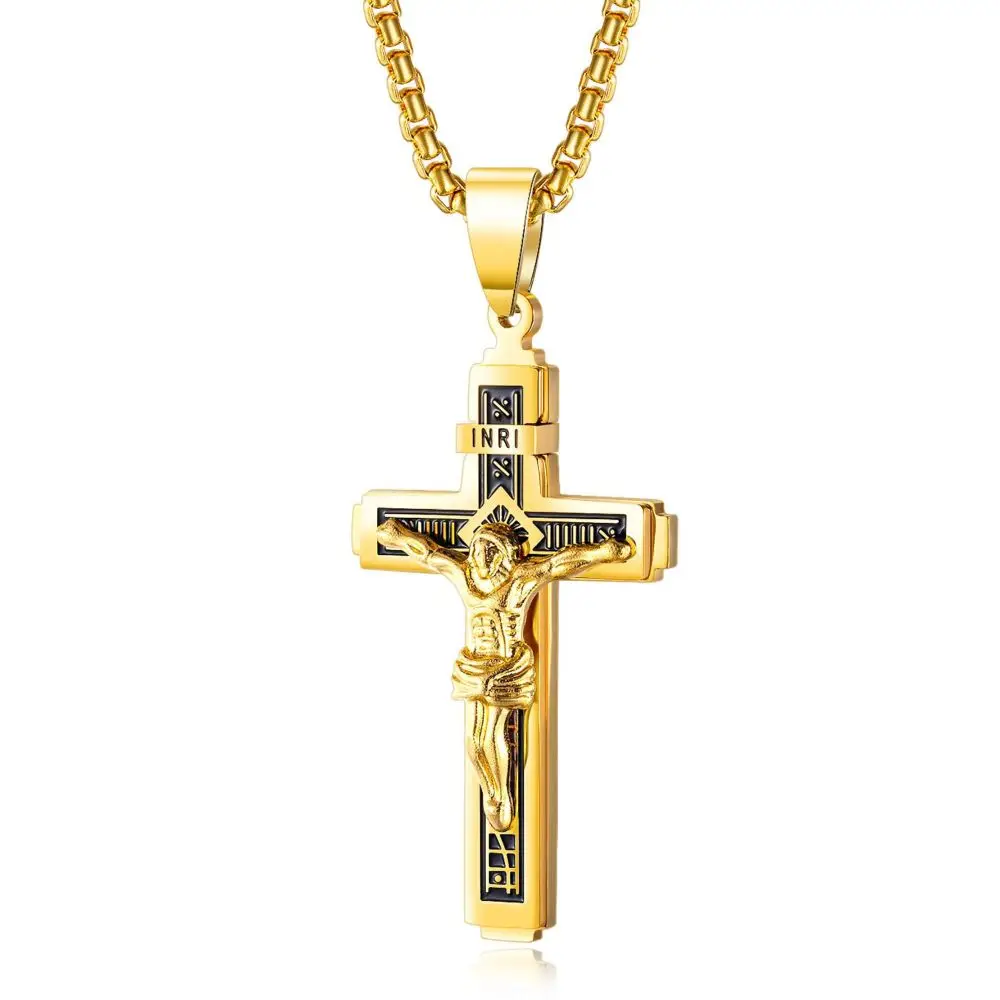 High Quality 18K Gold Plated Bijoux En Aci Inoxyd Stainless Steel Jesus Crucifix Cross Pendant Necklace for Men