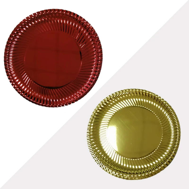 Red and Gold Disposable Degradable 12 Inch Round Paper Plates Birthday Picnic Wedding Big Holographic Cake Plate Dishes