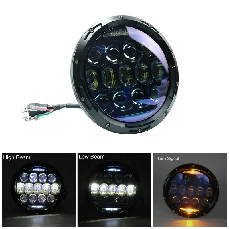 7Inch 130W Round LED Headlights Blue Projector Lens with High Low Beam White DRL Amber Turn Signal for JK CJ