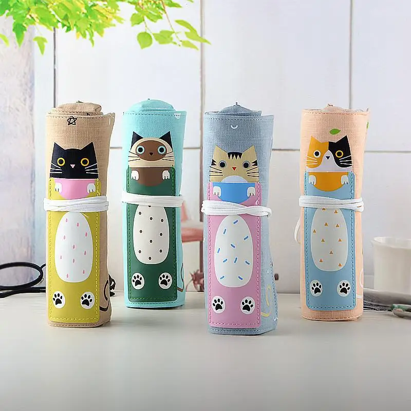 BEYOND wholesale large capacity cute cat canvas roll pencil bag sketch color pencil case for kids school girls