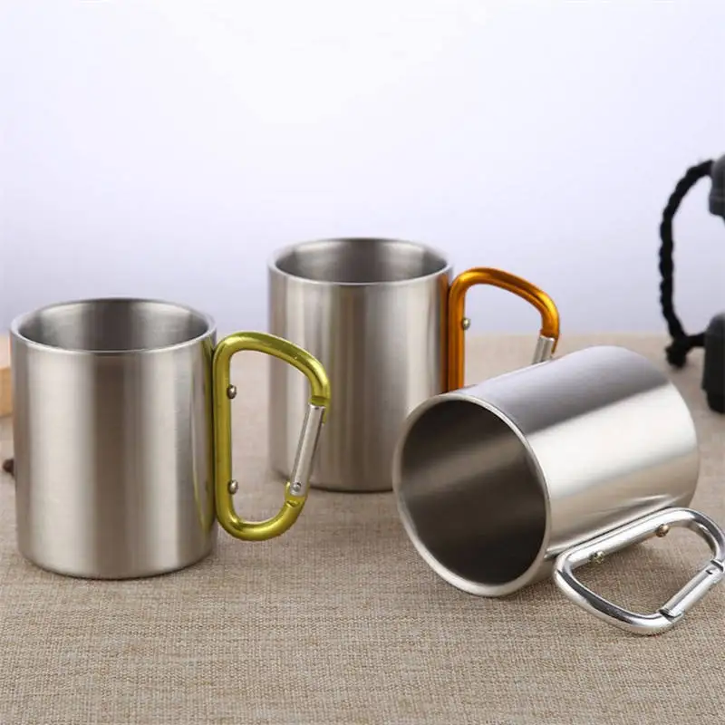 220ml outdoor camping travel portable stainless steel coffee cup double walled carabiner mug with handle