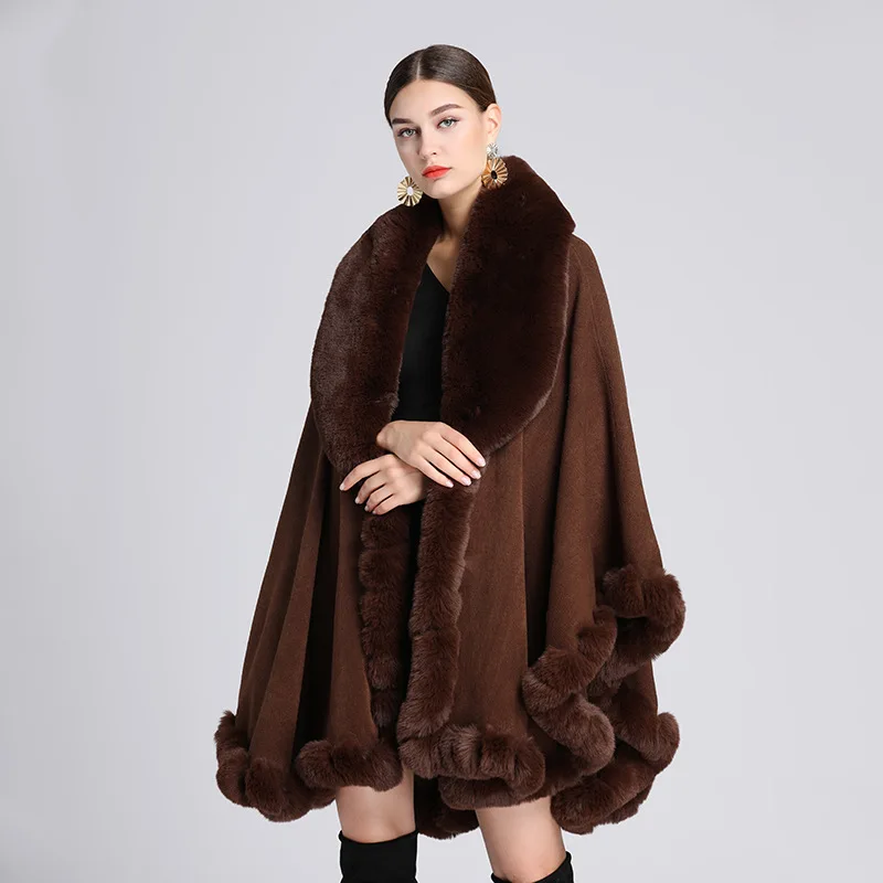 Rex Rabbit Fur Collar shawl cape large knitted cardigan loose coat women