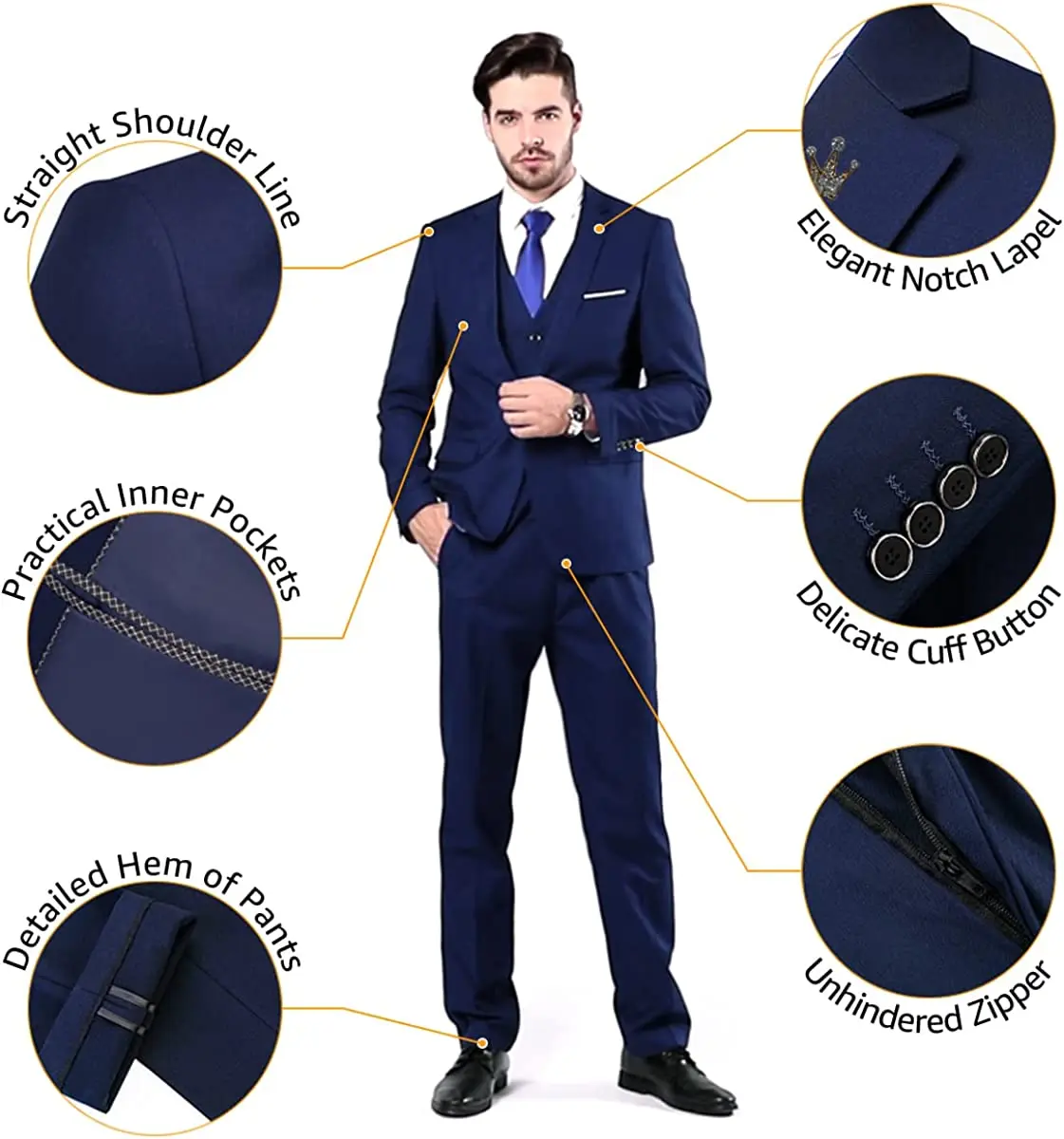 Mens 3 Piece Slim Fit Suit Set, One Button Solid Jacket Vest Pants with Tie