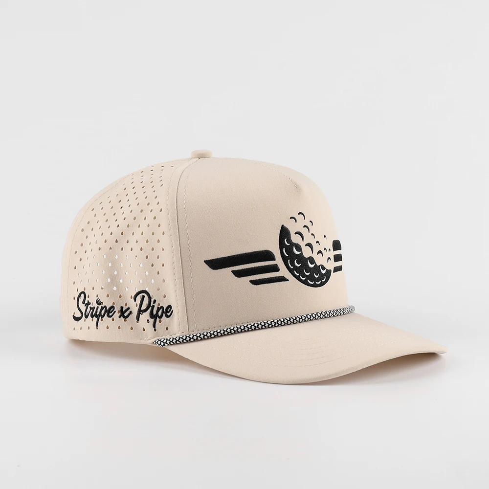 Wholesale Custom Perforated Hat Embroidery Logo Rope Adjustable Snap Back Tan Color Slightly Curve Bill Golf Hat Water Resistant