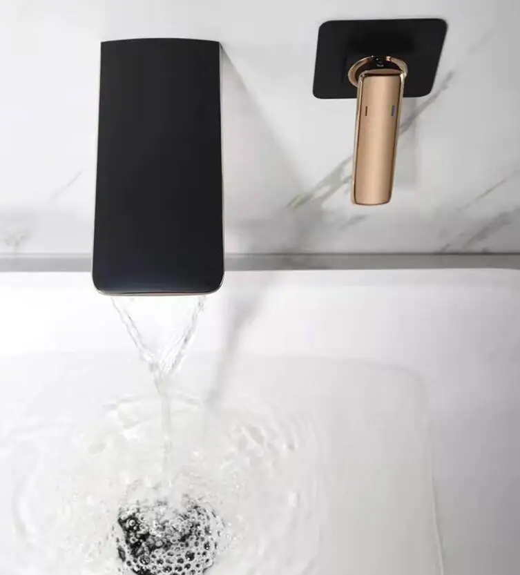 Bathroom Black Gold Mixer Taps Wall Mounted Waterfall Basin Faucet Watermark Wels Factory Price