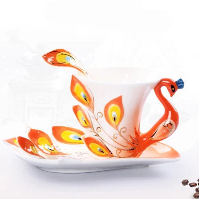 Unique Peacock Shape Elegant Porcelain Enamel Cup Wholesale Ceramic Tea Coffee Cups And Saucers