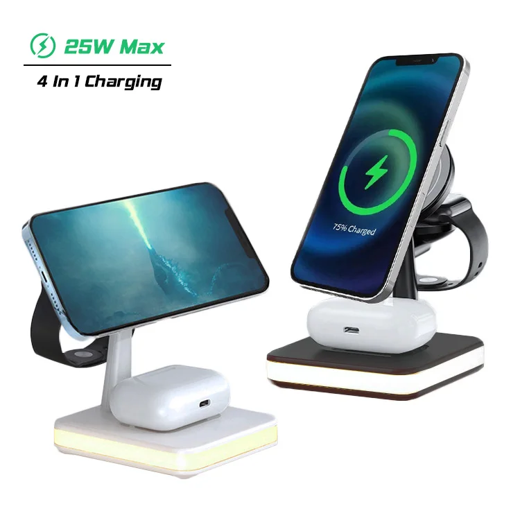 Magnetic Wireless Mag Safe Charger 25W Fast Charging Bedside Lamp 4 In 1 Holder For iWatch Airpods For iPhone 13 12 Pro Max