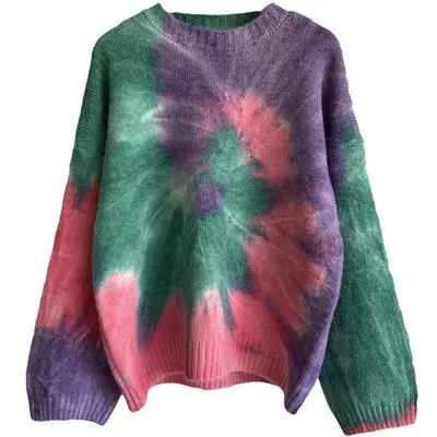 Factory wholesale women autumn short tie dye sexy crop top fashion O neck sweater blouse female