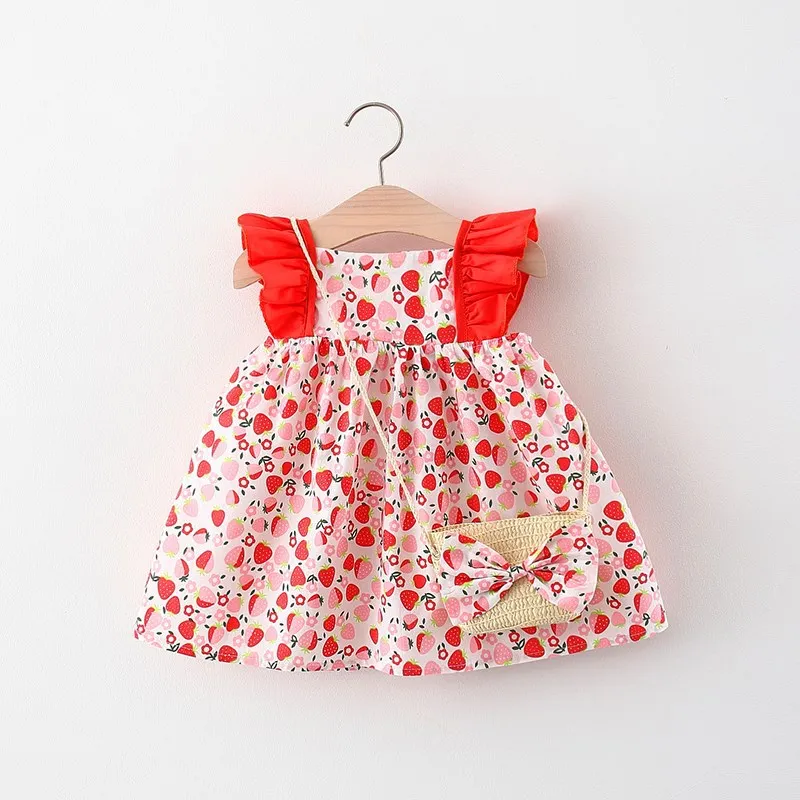 Sleeveless Beach Sweet Frock Cute Strawberry Cheap Flower Smocked Kids Newborn Summer Cotton Baby Girls Casual Dresses with Bag