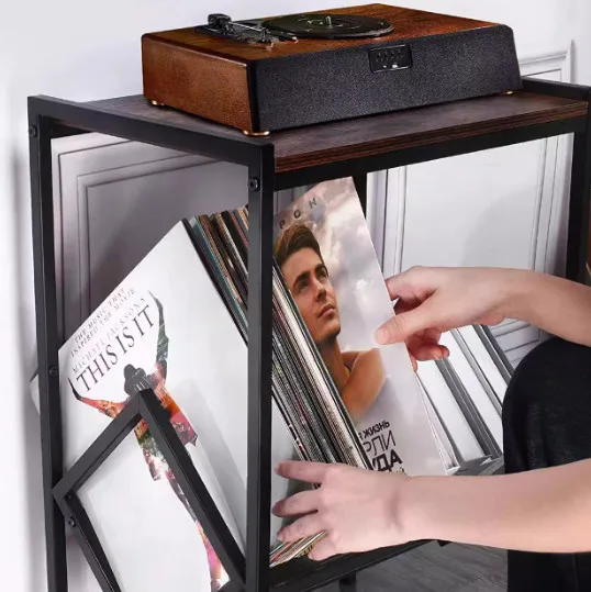 Metal Iron Wood Phonograph Storage Rack Vintage Vinyl Cabinet Shelf Record Player Stand