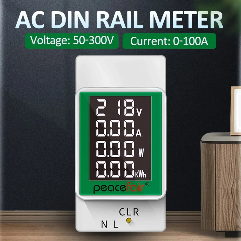 PZEM AC50-300V 100A AC Din Rail Meter Digital Backlight Power Energy Voltmeter with LCD Display Watt Kwh Power Consumption Meter