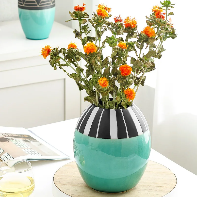 Black&Turquoise Cylinder Ceramic Vase Retro Finish for Home Decoration store shop