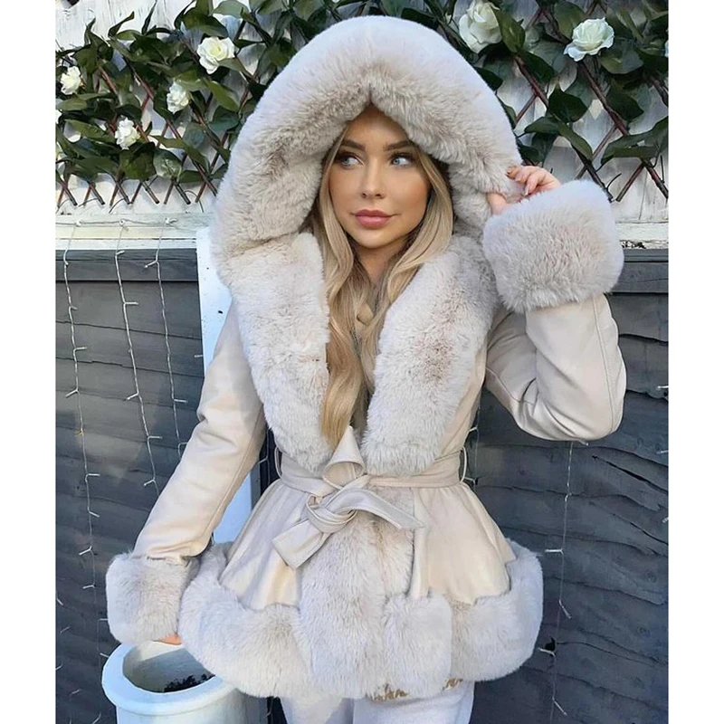 Patchwork High Imitation Leather Coats Women Fashion Hooded Faux Fox Fur Jackets Women Elegant Tie Belt Slim Coats Ladies
