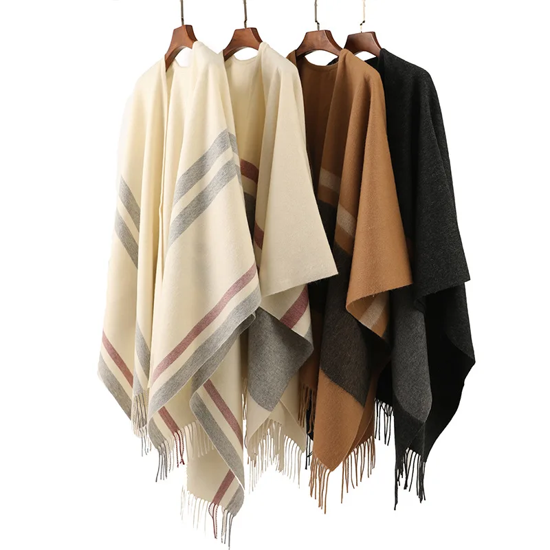 100% Wool Sweater Poncho Cape Coat Open Front Blanket Shawls and Wraps Quality Women Men Stripe Adult Winter Easy Way Wool Scarf