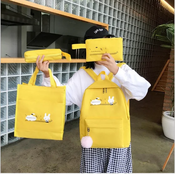 2021 New Hot Women Canvas Backpack 4 pcs Set Large Capacity School Bag for Teenagers Girls Fashion Travel Rucksack Bag