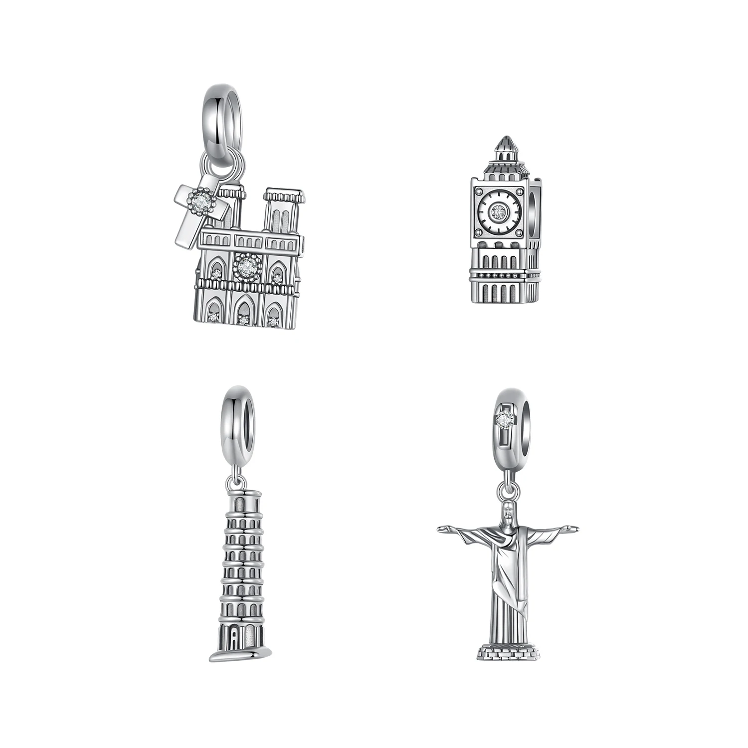 Qings 925 Sterling Silver Big Ben Beads Pendant Fashion Design Leaning Tower of Pisa Pendant