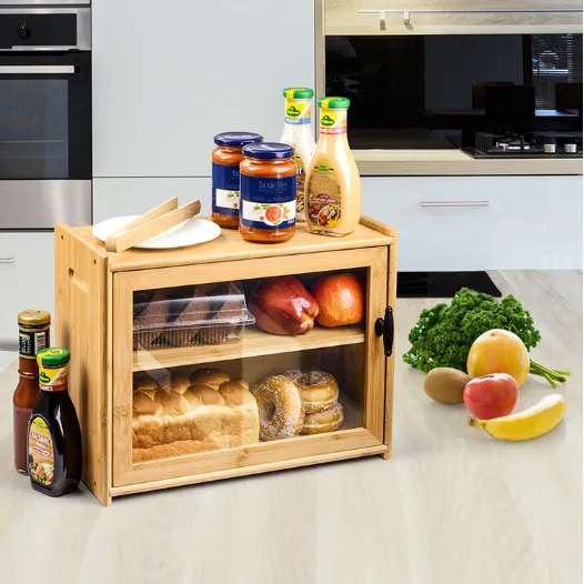 Natural Bamboo Bread Bin,Double Layer Bread Box with Cutting Board Clip and Door
