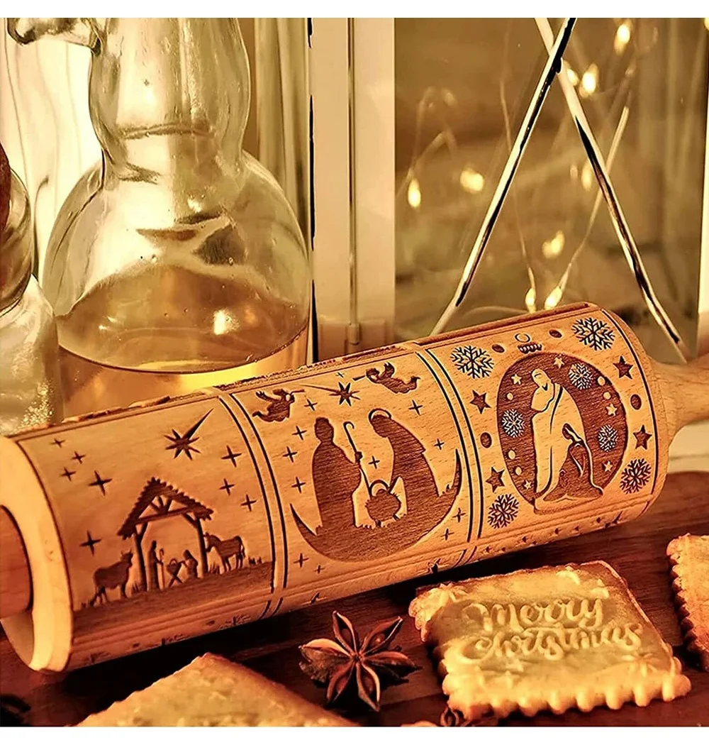 Christmas Jesus Birth Scene Laser Carving Retro Nine Palace Grid Rolling Pin