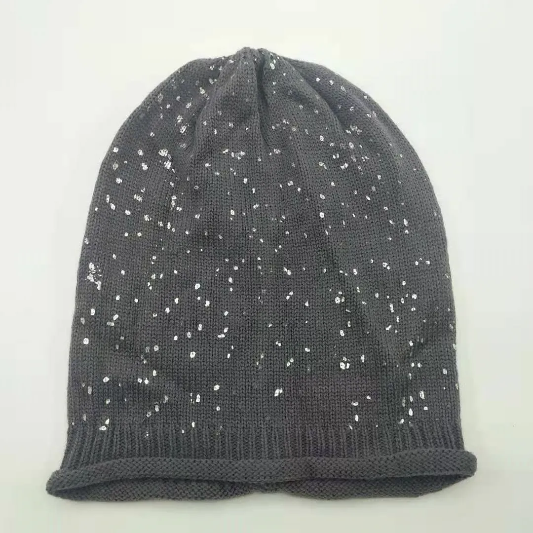 
fashioin grey women beanie with shining golden powder prinitng hat cute bonnets 