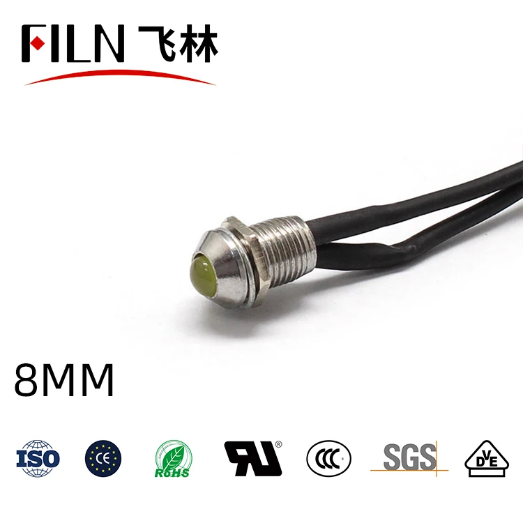 8mm short Waterproof IP67 LED Metal Warning Indicator Light Signal Lamp Pilot + wire 3V 5V 6V 12V 24V 110V 220v Red Yellow Blue