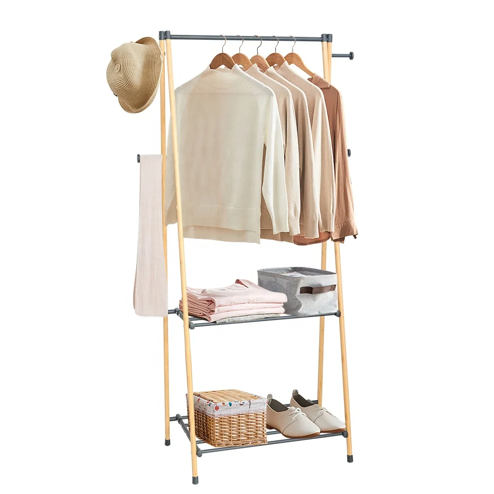BAOYOUNI Bamboo Foldable Garment Rack with Metal Shelves Coat Clothes Stand Hanging Rail Cloth Organizer Rack for Shoes Hat Bag