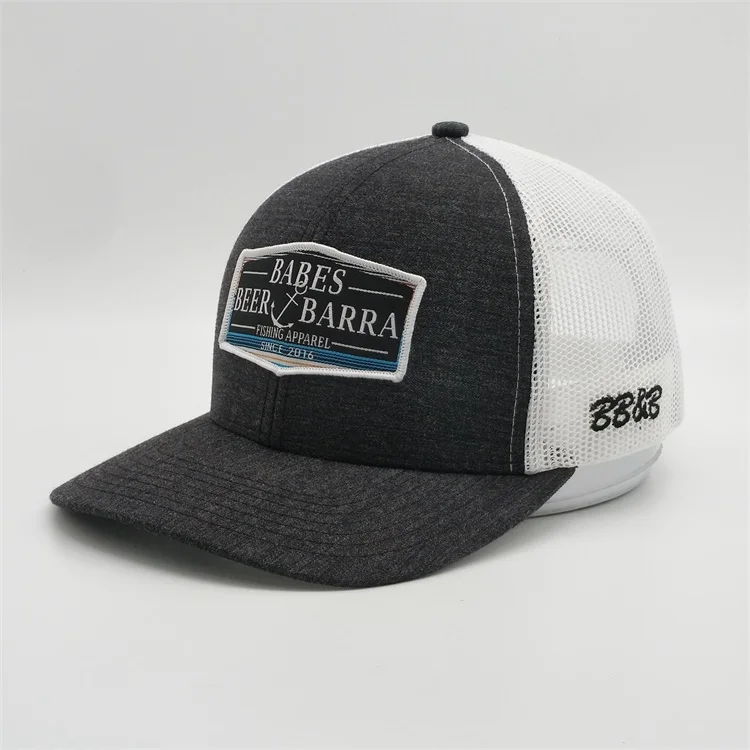 2019 Wholesale Custom 6 Panel Side Embroidered Logo Grey Trucker Hat White Mesh Trucker Cap With Woven Patch