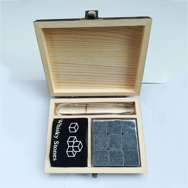 Christmas Bar tools 9pcs/set Natural Granite Whisky Chilling Stones Reusable Beer Wine Whiskey Cooling Rocks in wooden box