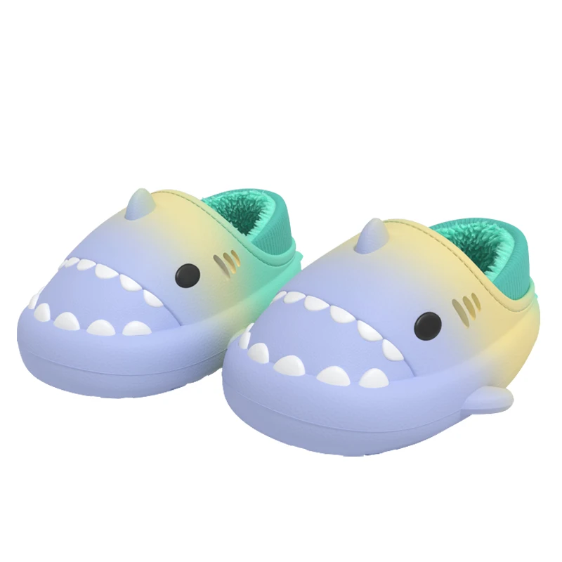 Gradient Color Waterproof EVA Cozy Fluffy Plush Shark Winter Slide Slippers Cute Indoor Outdoor For Kids House Autumn Winter