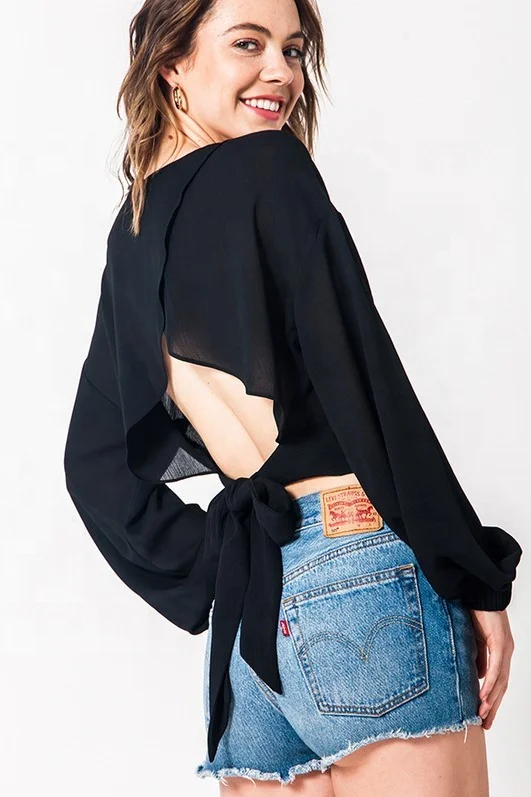 
2020 new arrivals women office lady black long sleeve backless bow knot sashes tops 