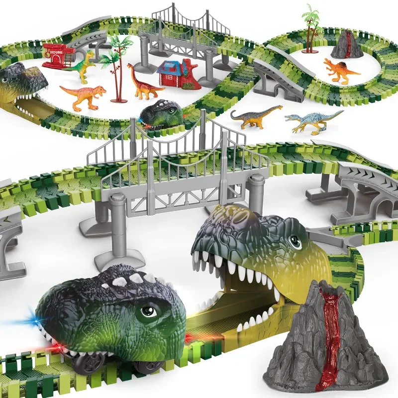 Лучшие подарки гоночный автомобиль игрушки для B/O Dino DIY 183 штук дорожки динозавров Электрический строительный трек детей детские