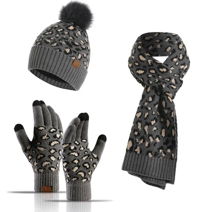 Customized Leopard 3 Piece Women Crochet Pompom Beanie  Scarf  Touch Screen Mittens Winter Knitted Scarf Gloves Beanies Sets